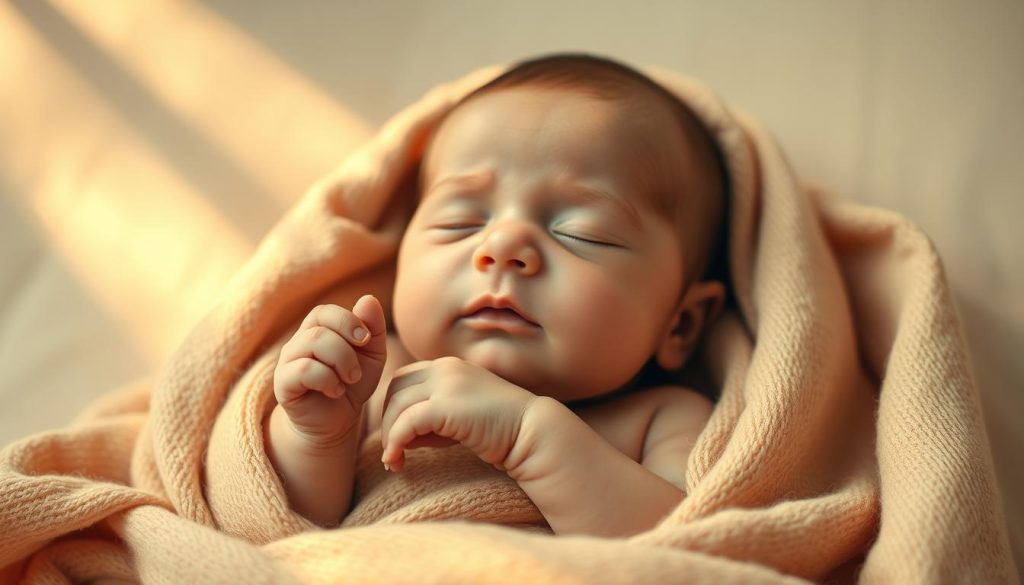 A beautifully crafted scene of a newborn baby, their tiny hands and feet wrapped in a soft, warm blanket. The infant's face is serene, their eyes gently closed, their expression radiating a sense of wonder and profound connection. The background is a soft, muted palette, with soothing pastel hues that create a calming atmosphere. Subtle rays of warm, golden light filter through, casting a gentle glow on the newborn's delicate features. The composition is centered, drawing the viewer's attention to the precious, fragile life at the heart of the image. The overall mood is one of pure, unadulterated joy, celebrating the birth and the potential of this new life.