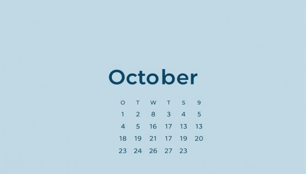 A calendar for October 2025, featuring a clean and minimal design. The background is a soft, muted shade of blue, evoking a sense of tranquility. In the center, the month "October" is displayed in a bold, sans-serif font, with the year "2025" in a slightly smaller size below. The numbers for the days are arranged in a grid, with a subtle grid line pattern providing structure and organization. The overall composition is balanced and visually appealing, allowing the calendar to serve as a clear and informative visual aid.