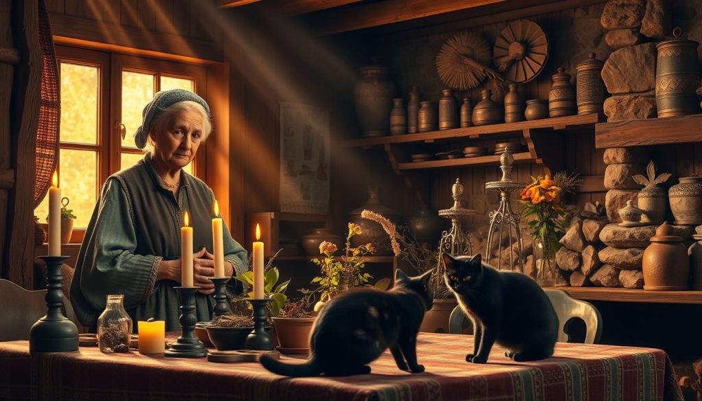 A cozy autumn scene depicting traditional Ukrainian folk beliefs and omens for November 5th. In the foreground, a weathered old woman in traditional dress stands before a table set with candles, herbs, and small charms. Beams of warm, golden light filter through the window, casting a soft glow. In the middle ground, a black cat winds between potted plants, a symbol of superstition. The background features a rustic interior with wooden beams, stone walls, and shelves displaying antique jars and dried botanicals. The overall mood is one of quiet contemplation and reverence for age-old folk wisdom. A cozy autumn scene depicting traditional Ukrainian folk beliefs and omens for November 5th. In the foreground, a weathered old woman in traditional dress stands before a table set with candles, herbs, and small charms. Beams of warm, golden light filter through the window, casting a soft glow. In the middle ground, a black cat winds between potted plants, a symbol of superstition. The background features a rustic interior with wooden beams, stone walls, and shelves displaying antique jars and dried botanicals. The overall mood is one of quiet contemplation and reverence for age-old folk wisdom.