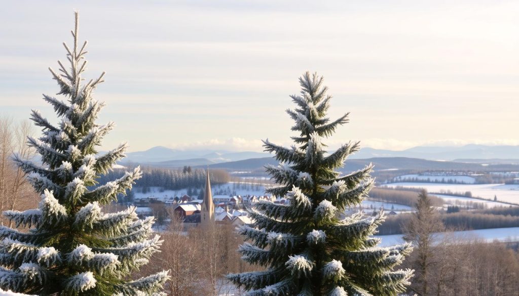 A crisp, clear winter day in late November 2025, with a lightly overcast sky and a dusting of snow on the ground. In the foreground, a vibrant, frost-covered evergreen tree stands tall, its branches glistening. In the middle ground, a picturesque village nestled in a snowy landscape, with cozy homes and a church steeple peeking out. In the background, rolling hills and a distant line of mountains, their peaks shrouded in wispy clouds. The scene is bathed in a warm, golden light, creating a serene and peaceful atmosphere, perfect for a day of celebration and reflection. A crisp, clear winter day in late November 2025, with a lightly overcast sky and a dusting of snow on the ground. In the foreground, a vibrant, frost-covered evergreen tree stands tall, its branches glistening. In the middle ground, a picturesque village nestled in a snowy landscape, with cozy homes and a church steeple peeking out. In the background, rolling hills and a distant line of mountains, their peaks shrouded in wispy clouds. The scene is bathed in a warm, golden light, creating a serene and peaceful atmosphere, perfect for a day of celebration and reflection.