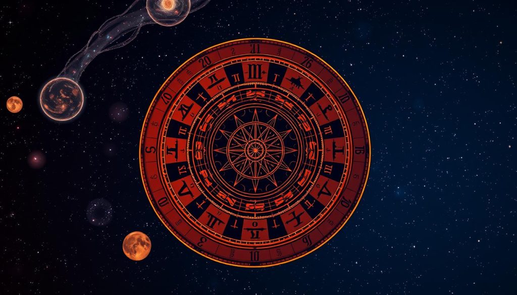A detailed astrological birth chart, also known as a "natальна карта зодіаку", displayed against a starry night sky. In the foreground, a large circular chart with zodiac symbols and planetary alignments, rendered in a rich, saturated color palette. The middle ground features glowing celestial orbs, nebulae, and distant galaxies, creating a mystical, ethereal atmosphere. In the background, a deep indigo sky punctuated by twinkling stars, evoking the vastness of the cosmos. Soft, warm lighting illuminates the chart, lending a sense of depth and three-dimensionality. The overall composition conveys the personalized, intricate nature of astrological forecasting and the connection between the individual and the cosmic forces. A detailed astrological birth chart, also known as a "natальна карта зодіаку", displayed against a starry night sky. In the foreground, a large circular chart with zodiac symbols and planetary alignments, rendered in a rich, saturated color palette. The middle ground features glowing celestial orbs, nebulae, and distant galaxies, creating a mystical, ethereal atmosphere. In the background, a deep indigo sky punctuated by twinkling stars, evoking the vastness of the cosmos. Soft, warm lighting illuminates the chart, lending a sense of depth and three-dimensionality. The overall composition conveys the personalized, intricate nature of astrological forecasting and the connection between the individual and the cosmic forces.