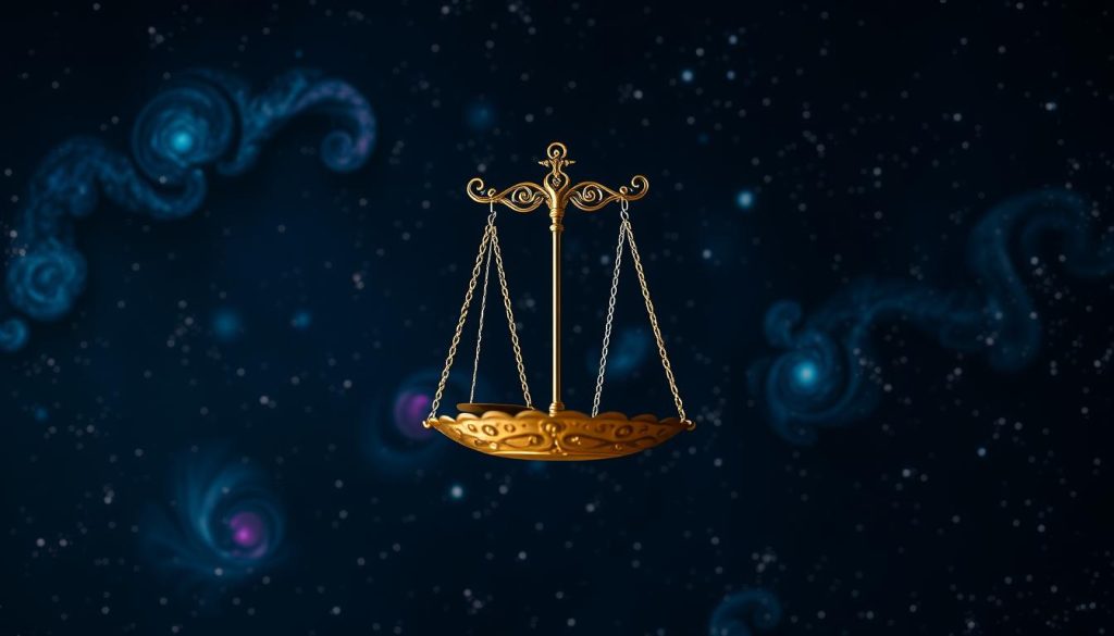 A detailed astrological chart against a starry night sky, featuring the constellation and symbolic iconography of the Libra zodiac sign. In the foreground, a delicate balance scale hovers, with an elegant, flowing celestial design. The middle ground showcases intricate cosmic patterns, with swirling galaxies and nebulae in rich hues of indigo, violet, and teal. The background depicts a vast, inky blackness punctuated by twinkling stars, creating a sense of depth and mystery. The lighting is soft and ethereal, lending an air of mysticism to the scene. Composition is balanced and harmonious, capturing the essence of Libra's astrological themes of equilibrium, justice, and beauty. A detailed astrological chart against a starry night sky, featuring the constellation and symbolic iconography of the Libra zodiac sign. In the foreground, a delicate balance scale hovers, with an elegant, flowing celestial design. The middle ground showcases intricate cosmic patterns, with swirling galaxies and nebulae in rich hues of indigo, violet, and teal. The background depicts a vast, inky blackness punctuated by twinkling stars, creating a sense of depth and mystery. The lighting is soft and ethereal, lending an air of mysticism to the scene. Composition is balanced and harmonious, capturing the essence of Libra's astrological themes of equilibrium, justice, and beauty.