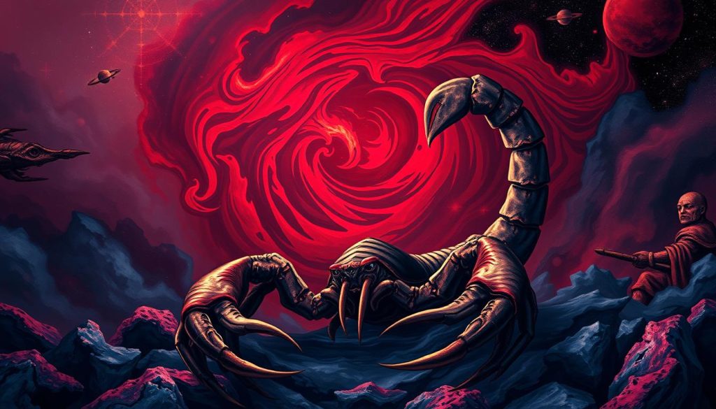 A detailed astrological illustration of the Scorpio zodiac sign, depicted in a mystical and symbolic manner. In the foreground, a scorpion emerges from the depths, its fierce claws and venomous stinger prominently displayed. The middle ground features a swirling, smoky background in deep hues of crimson and indigo, evoking the intense emotions and transformative nature associated with this sign. In the background, cosmic elements such as stars, planets, and nebulae create a sense of ancient, otherworldly power. Dramatic, low-angle lighting casts dramatic shadows, heightening the sense of drama and intensity. The overall atmosphere is one of mystery, intensity, and the mystical forces that govern the Scorpio zodiac.