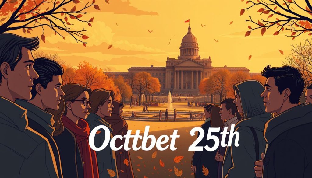 A detailed illustration of October 25th, with people connected to the date. A vibrant, autumnal scene set against a warm, golden sky. In the foreground, a group of individuals from diverse backgrounds gathered to celebrate, their faces illuminated by the soft, diffused lighting. In the middle ground, a serene park or town square, with fallen leaves and decorative elements evoking the festive atmosphere. In the background, a majestic building or landmark, casting long shadows and adding depth to the composition. The overall mood is celebratory, with a sense of community and shared experience. Subtle, cinematic camera angles and a muted, earthy color palette to create an immersive, atmospheric image. A detailed illustration of October 25th, with people connected to the date. A vibrant, autumnal scene set against a warm, golden sky. In the foreground, a group of individuals from diverse backgrounds gathered to celebrate, their faces illuminated by the soft, diffused lighting. In the middle ground, a serene park or town square, with fallen leaves and decorative elements evoking the festive atmosphere. In the background, a majestic building or landmark, casting long shadows and adding depth to the composition. The overall mood is celebratory, with a sense of community and shared experience. Subtle, cinematic camera angles and a muted, earthy color palette to create an immersive, atmospheric image.
