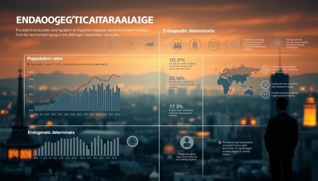 A detailed infographic showcasing the demographic landscape, with a focus on endogenous and exogenous determinants. In the foreground, a clean data visualization highlighting population trends, birth/death rates, and migration patterns. The middle ground depicts symbolic icons representing social, economic, and political factors that shape the demographic situation. In the background, an atmospheric cityscape or landscape, bathed in warm, subdued lighting that evokes a sense of contemplation and analysis. The overall composition should convey a comprehensive understanding of the complex, multi-faceted nature of the demographic situation. A detailed infographic showcasing the demographic landscape, with a focus on endogenous and exogenous determinants. In the foreground, a clean data visualization highlighting population trends, birth/death rates, and migration patterns. The middle ground depicts symbolic icons representing social, economic, and political factors that shape the demographic situation. In the background, an atmospheric cityscape or landscape, bathed in warm, subdued lighting that evokes a sense of contemplation and analysis. The overall composition should convey a comprehensive understanding of the complex, multi-faceted nature of the demographic situation.