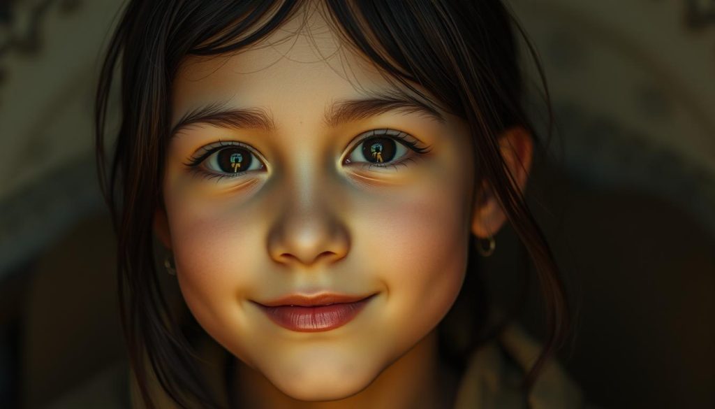 A detailed portrait of a captivating individual born on October 31, 2025. A warm, soft lighting illuminates their pensive expression, capturing an introspective and thoughtful character. The subject's face is rendered with delicate, lifelike features, conveying a sense of depth and emotion. The background is subtly blurred, placing the focus on the subject's compelling gaze and gentle smile, hinting at their complex inner world. The overall composition and palette evoke a sense of introspection and quiet contemplation, reflecting the individual's unique personality and the depth of their character.