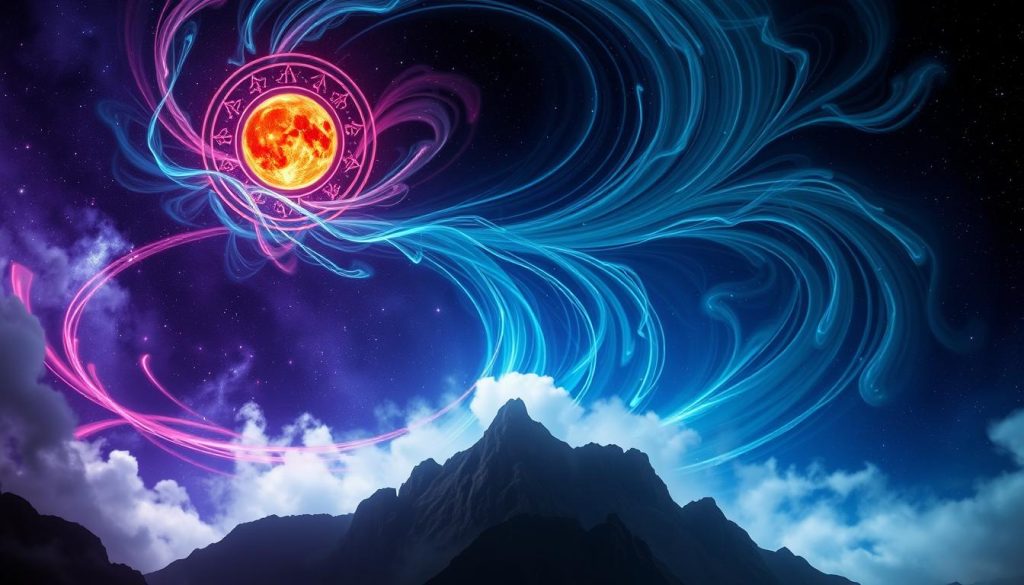 A dramatic celestial landscape depicting the energies of astrology. A central orb of fiery red and orange light, representing the Sun in Scorpio, radiates powerful astrological forces. Swirling cosmic energy flows outward, with ribbons of blues, purples, and greens undulating through the starry night sky. Wisps of mist and clouds add to the mystical, otherworldly atmosphere. Rugged, craggy mountains rise in the background, their silhouettes partially obscured by the celestial display. Dramatic, moody lighting casts deep shadows and highlights the dynamic, ever-changing nature of astrological energies. The overall composition evokes a sense of the profound, transformative power of the stars and planets. A dramatic celestial landscape depicting the energies of astrology. A central orb of fiery red and orange light, representing the Sun in Scorpio, radiates powerful astrological forces. Swirling cosmic energy flows outward, with ribbons of blues, purples, and greens undulating through the starry night sky. Wisps of mist and clouds add to the mystical, otherworldly atmosphere. Rugged, craggy mountains rise in the background, their silhouettes partially obscured by the celestial display. Dramatic, moody lighting casts deep shadows and highlights the dynamic, ever-changing nature of astrological energies. The overall composition evokes a sense of the profound, transformative power of the stars and planets.
