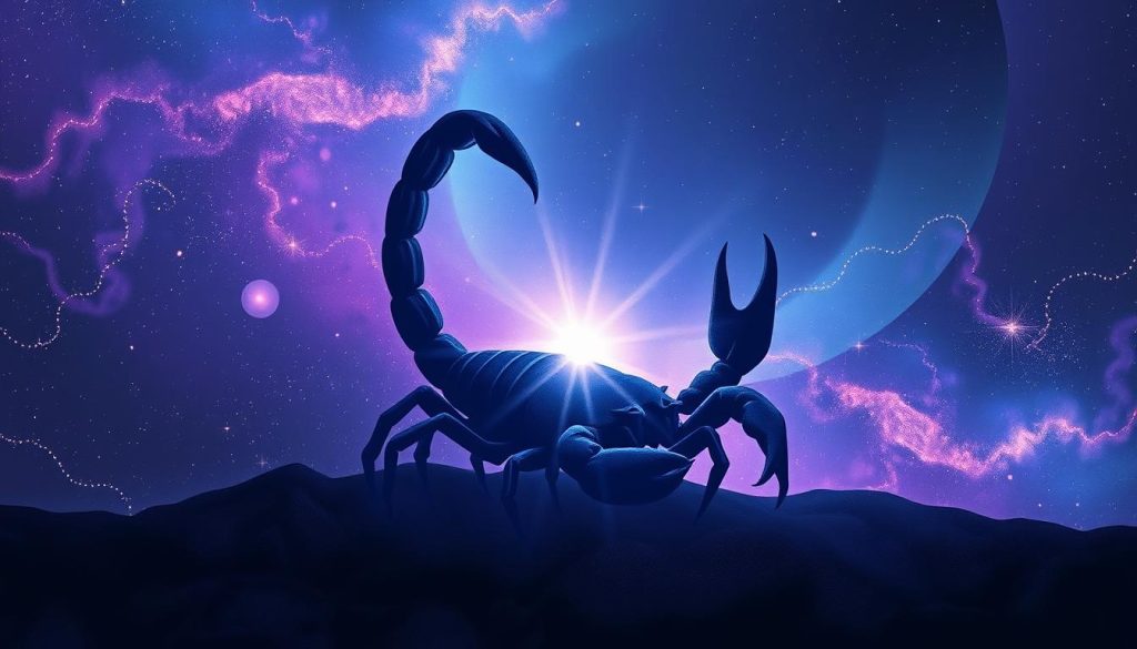 A dramatic, mystical horoscope illustration for a Scorpio daily forecast. Set against a cosmic backdrop of swirling nebulae and shimmering stars, a powerful Scorpio emblem takes center stage - a scorpion silhouette in shades of deep indigo and violet, its tail raised in a defensive posture. Ethereal light emanates from the scorpion, casting an otherworldly glow across the scene. The overall mood is one of intensity, introspection, and subtle, brooding energy - a perfect visual representation of the Scorpio zodiac sign. The image should convey a sense of the Scorpion's complex personality and the unique astrological influences at play on a given day. Prompt A dramatic, mystical horoscope illustration for a Scorpio daily forecast. Set against a cosmic backdrop of swirling nebulae and shimmering stars, a powerful Scorpio emblem takes center stage - a scorpion silhouette in shades of deep indigo and violet, its tail raised in a defensive posture. Ethereal light emanates from the scorpion, casting an otherworldly glow across the scene. The overall mood is one of intensity, introspection, and subtle, brooding energy - a perfect visual representation of the Scorpio zodiac sign. The image should convey a sense of the Scorpion's complex personality and the unique astrological influences at play on a given day. Prompt