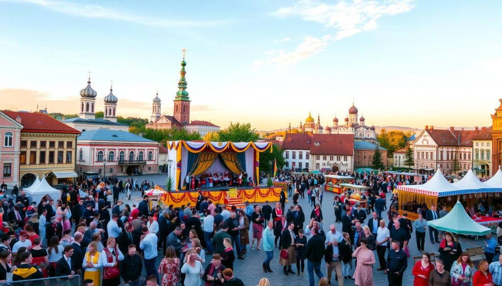 A festive celebration of "Svyata 15 Zhovtnya 2025" unfolds in a vibrant town square. In the foreground, a crowd gathers around a central stage adorned with colorful banners and garlands. Intricate traditional costumes and folk music create an immersive atmosphere of cultural heritage. In the middle ground, vendor stalls offer local delicacies and handcrafted wares, while people mill about in joyous celebration. The background features a picturesque skyline with domed churches and historic buildings, bathed in warm, golden light from the setting sun. The entire scene conveys a sense of national pride, community spirit, and the reverence for this significant day in the Ukrainian calendar. A festive celebration of "Svyata 15 Zhovtnya 2025" unfolds in a vibrant town square. In the foreground, a crowd gathers around a central stage adorned with colorful banners and garlands. Intricate traditional costumes and folk music create an immersive atmosphere of cultural heritage. In the middle ground, vendor stalls offer local delicacies and handcrafted wares, while people mill about in joyous celebration. The background features a picturesque skyline with domed churches and historic buildings, bathed in warm, golden light from the setting sun. The entire scene conveys a sense of national pride, community spirit, and the reverence for this significant day in the Ukrainian calendar.