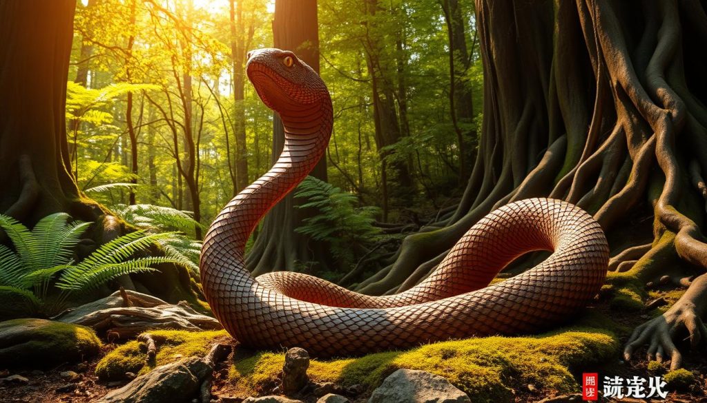 A majestic wooden snake sculpture coiled gracefully upon a lush forest floor, its intricate carved scales and sinuous form illuminated by warm, golden sunlight filtering through the verdant canopy above. The serpent's head rises up, its eyes gleaming with a hint of ancient wisdom, as if guarding the secrets of the natural world. Surrounding the sculpture are vibrant ferns, moss-covered rocks, and the twisted roots of towering trees, creating a tranquil, earthy scene that evokes the timeless essence of the Chinese zodiac's Year of the Wooden Snake.