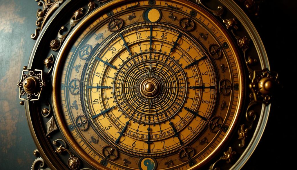 A mystical calendar of life, its intricate gears and cogs symbolizing the interconnected cycles of fortune and fate. Celestial symbols and astrological motifs adorn the ornate frame, casting a warm, otherworldly glow upon the scene. In the center, a mandala-like design depicts the phases of the moon, the sun, and the planets, their movements determining the ebb and flow of luck and opportunity. Soft, diffused lighting accentuates the antique, esoteric aesthetic, inviting the viewer to ponder the ancient wisdom embedded within this captivating, one-of-a-kind "календар життя". A mystical calendar of life, its intricate gears and cogs symbolizing the interconnected cycles of fortune and fate. Celestial symbols and astrological motifs adorn the ornate frame, casting a warm, otherworldly glow upon the scene. In the center, a mandala-like design depicts the phases of the moon, the sun, and the planets, their movements determining the ebb and flow of luck and opportunity. Soft, diffused lighting accentuates the antique, esoteric aesthetic, inviting the viewer to ponder the ancient wisdom embedded within this captivating, one-of-a-kind "календар життя".