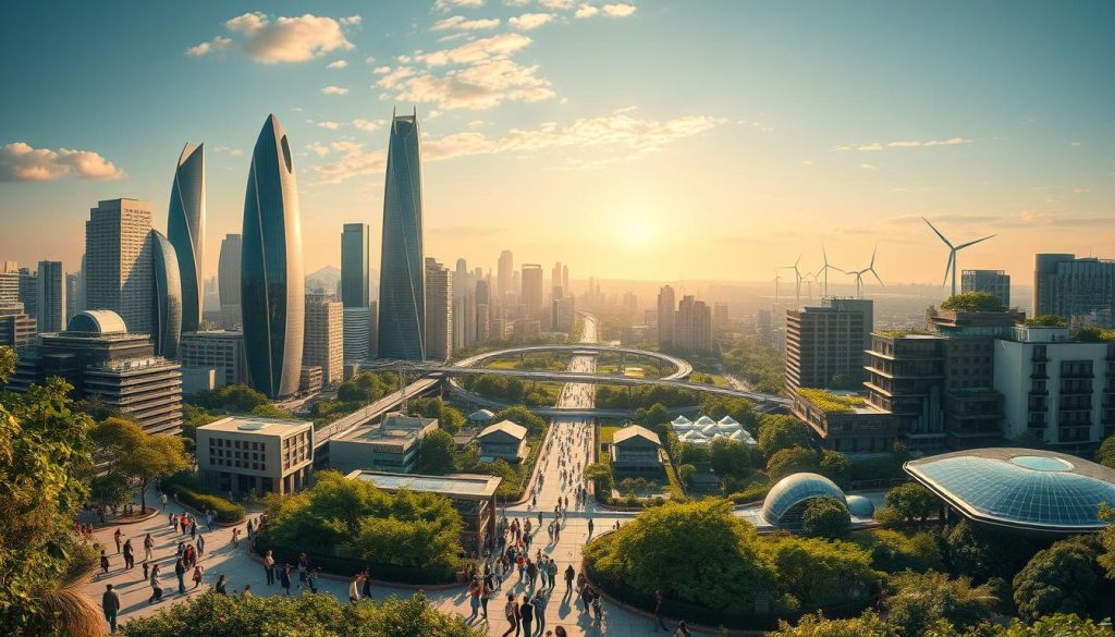 A panoramic cityscape depicting the future prospects of human life support, with sleek, sustainable skyscrapers and infrastructure harmoniously integrated into a thriving, verdant environment. In the foreground, a diverse community of people engage in activities that showcase a balance of technological advancement and environmental preservation. The middle ground features a network of efficient transportation systems, renewable energy sources, and urban green spaces. The background showcases a horizon of clean, renewable energy installations, signifying a vision of a prosperous and environmentally conscious society. The scene is illuminated by a warm, golden light, conveying a sense of optimism and progress towards a sustainable future. A panoramic cityscape depicting the future prospects of human life support, with sleek, sustainable skyscrapers and infrastructure harmoniously integrated into a thriving, verdant environment. In the foreground, a diverse community of people engage in activities that showcase a balance of technological advancement and environmental preservation. The middle ground features a network of efficient transportation systems, renewable energy sources, and urban green spaces. The background showcases a horizon of clean, renewable energy installations, signifying a vision of a prosperous and environmentally conscious society. The scene is illuminated by a warm, golden light, conveying a sense of optimism and progress towards a sustainable future.