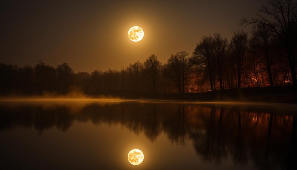 A serene autumn night, the moon's soft glow illuminates the serene pond. In the center, a stunning "повня" - a full, round moon reflecting on the still water, casting a shimmering path of light. The surrounding landscape is bathed in a warm, golden hue, with silhouetted trees lining the shore, creating a tranquil, contemplative atmosphere. The camera angle is positioned low, capturing the reflection with a sense of depth and wonder. Subtle mist rises from the water, adding a touch of mysticism. The overall mood is one of reverence and appreciation for the natural world and the cyclical beauty of the lunar phases. A serene autumn night, the moon's soft glow illuminates the serene pond. In the center, a stunning "повня" - a full, round moon reflecting on the still water, casting a shimmering path of light. The surrounding landscape is bathed in a warm, golden hue, with silhouetted trees lining the shore, creating a tranquil, contemplative atmosphere. The camera angle is positioned low, capturing the reflection with a sense of depth and wonder. Subtle mist rises from the water, adding a touch of mysticism. The overall mood is one of reverence and appreciation for the natural world and the cyclical beauty of the lunar phases.