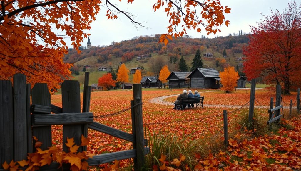 A serene autumn scene with vibrant orange, yellow, and red leaves covering the ground and trees. In the foreground, an old weathered wooden fence partially obscures a small gathering of elderly villagers sitting on benches, deep in conversation. Beyond the fence, a rolling hillside dotted with small wooden cottages and a humble Orthodox church steeple in the distance. The sky is overcast, casting a warm, golden glow over the entire landscape. An atmosphere of quiet contemplation and passing of traditional folk wisdom, "ноября прикмети", the November omens and signs. A serene autumn scene with vibrant orange, yellow, and red leaves covering the ground and trees. In the foreground, an old weathered wooden fence partially obscures a small gathering of elderly villagers sitting on benches, deep in conversation. Beyond the fence, a rolling hillside dotted with small wooden cottages and a humble Orthodox church steeple in the distance. The sky is overcast, casting a warm, golden glow over the entire landscape. An atmosphere of quiet contemplation and passing of traditional folk wisdom, "ноября прикмети", the November omens and signs.