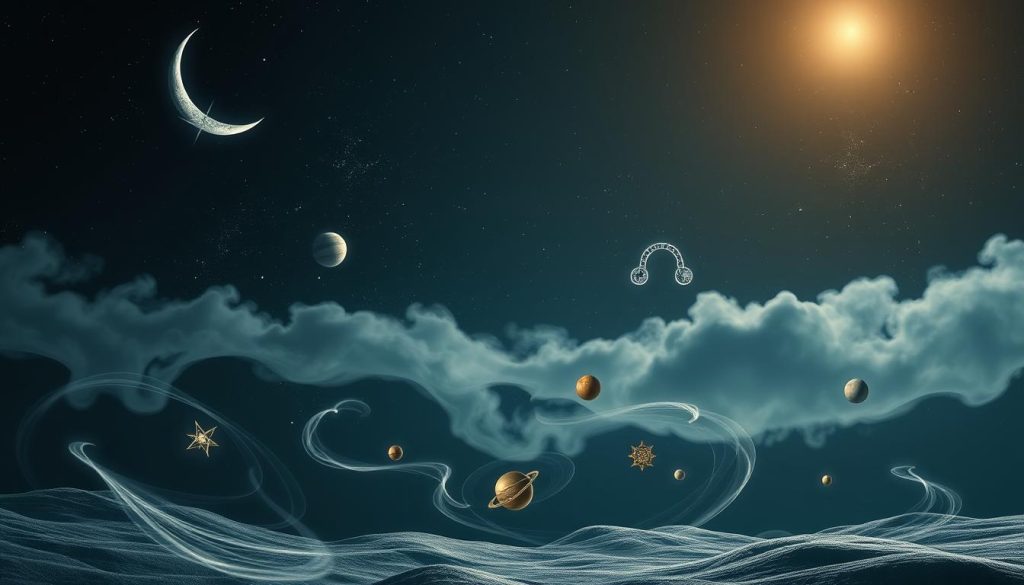 A serene celestial landscape depicting the astrological phenomenon of the day. A crescent moon hovers in the inky night sky, its silvery light casting a soft glow over the scene. Planets and stars twinkle in the distance, arranged in intricate celestial patterns. In the foreground, mystic symbols and talismans associated with the day's astrological significance float amidst swirling wisps of cosmic energy. The overall mood is one of tranquil contemplation, inviting the viewer to ponder the unseen forces that govern the universe and influence the events of the day.