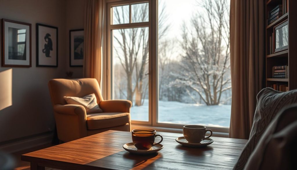 A serene November day in 2025, with a warm and inviting atmosphere. The scene features a cozy living room setting, with a large window overlooking a peaceful outdoor landscape. The room is bathed in soft, natural lighting, casting a gentle glow over the space. In the foreground, a comfortable armchair and a cup of hot tea sit on a wooden coffee table, hinting at a moment of relaxation. The middle ground showcases framed artwork and a bookshelf, reflecting the intellectual and artistic nature of the space. The background depicts a snowy winter wonderland, with bare trees and a dusting of snow, creating a sense of tranquility and introspection. The overall mood is one of quiet contemplation and the simple pleasures of the day.
