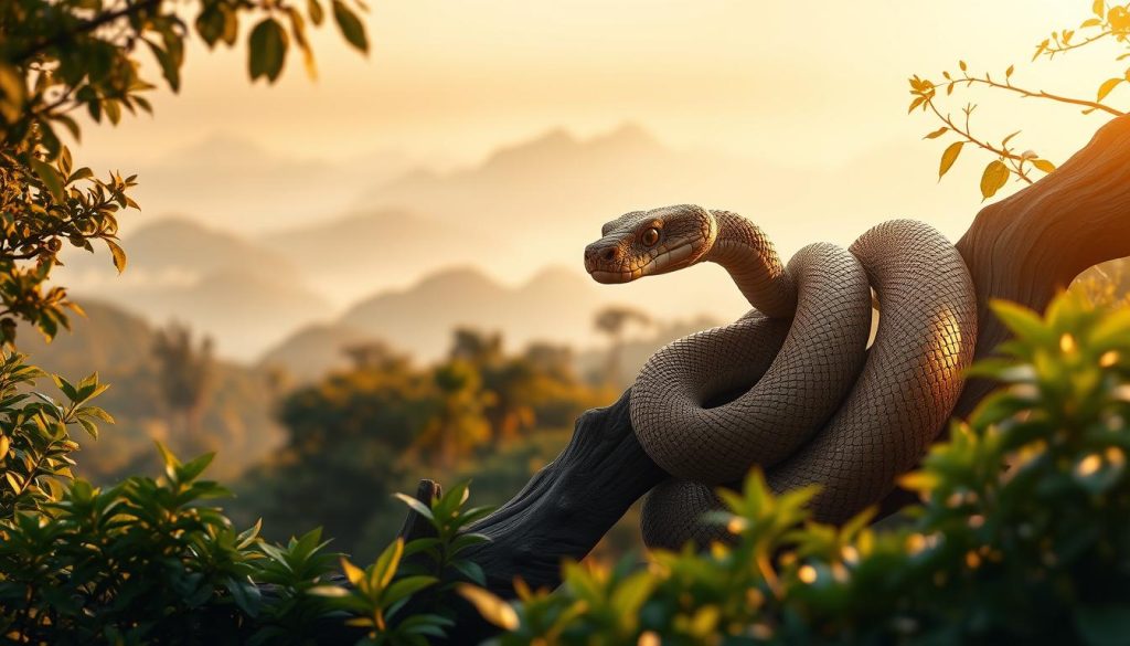 A serene oriental landscape bathed in soft golden light. In the foreground, a majestic Chinese zodiac snake, its sinuous body coiled gracefully around a gnarled wooden branch. Scales glimmer with an iridescent shimmer, as the snake gazes intently, its piercing eyes conveying ancient wisdom. Lush, verdant foliage frames the scene, while in the distance, hazy mountains rise, shrouded in mist. The entire composition evokes a sense of tranquility and timeless, mystical energy, perfectly capturing the essence of the Year of the Wooden Snake. A serene oriental landscape bathed in soft golden light. In the foreground, a majestic Chinese zodiac snake, its sinuous body coiled gracefully around a gnarled wooden branch. Scales glimmer with an iridescent shimmer, as the snake gazes intently, its piercing eyes conveying ancient wisdom. Lush, verdant foliage frames the scene, while in the distance, hazy mountains rise, shrouded in mist. The entire composition evokes a sense of tranquility and timeless, mystical energy, perfectly capturing the essence of the Year of the Wooden Snake.