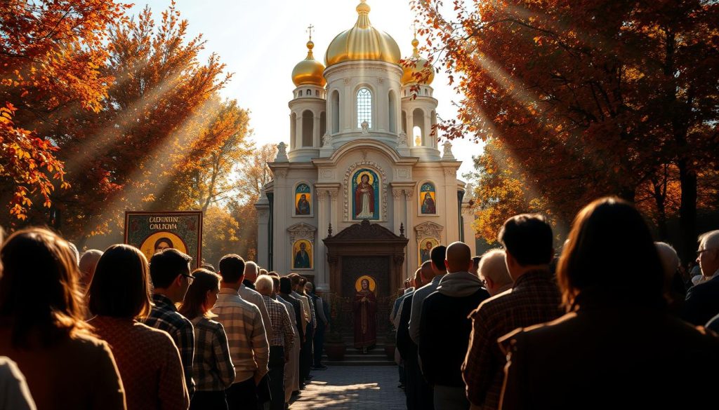 A serene Orthodox Christian cathedral bathed in warm autumn sunlight, її golden domes і intricate архітектури, що займаються backdrop of vibrant fall foliage. Церковний hallowed hall. icon of patron saint stands as reminder of the divine presence, керуючи faithful on the spiritual journey. A serene Orthodox Christian cathedral bathed in warm autumn sunlight, його golden domes і intricate архітектури, що займаються backdrop of vibrant fall foliage. Церковний hallowed hall. icon of patron saint stands as reminder of the divine presence, керуючи faithful on the spiritual journey.