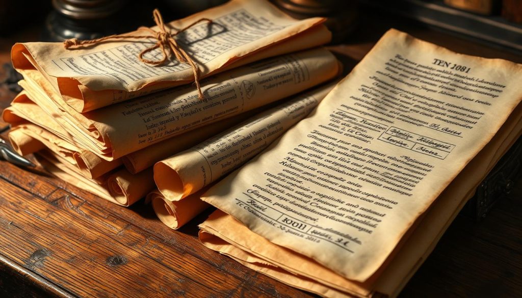 A series of stacked, antiqued parchment scrolls, meticulously rolled and tied with aged twine, lying on a worn wooden desk. The scrolls display elegant, handwritten text in Cyrillic script, detailing historical dates, celebrations, and astrological information. Warm, soft lighting casts subtle shadows, creating a sense of depth and aged authenticity. The overall atmosphere evokes a scholarly, timeless ambiance, perfectly suited to illustrate the "Мовні та корисні довідки про дату" section of the article.