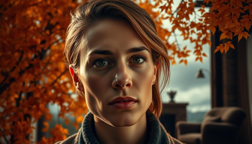 A striking portrait of a person born on October 28th, set against a rich, autumnal backdrop. In the foreground, the subject's face is illuminated with a warm, natural light, their features distinct and captivating. The middle ground showcases a cozy, intimate setting, perhaps a cozy fireplace or a plush armchair, hinting at the subject's refined and contemplative nature. In the background, a tapestry of golden leaves and a moody, overcast sky create a sense of introspection and quiet contemplation. The overall atmosphere conveys the depth, sensitivity, and introspective qualities often associated with those born on this date.