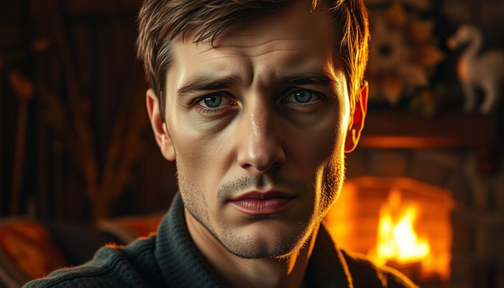 A stunning, realistic portrait of a person born on November 1st, set against a warm, autumnal background. The subject's face is illuminated by soft, golden light, capturing their thoughtful, introspective expression. Their features are finely detailed, conveying a sense of inner depth and complexity. The middle ground showcases a cozy, rustic setting, perhaps a comfortable living room or study, with hints of traditional Ukrainian decor. The background subtly blends nature motifs, like falling leaves or a crackling fireplace, creating a sense of seasonal change and personal reflection. The overall atmosphere is contemplative, intimate, and harmonious, reflecting the unique character, relationships, and life purpose of those born on this significant date. A stunning, realistic portrait of a person born on November 1st, set against a warm, autumnal background. The subject's face is illuminated by soft, golden light, capturing their thoughtful, introspective expression. Their features are finely detailed, conveying a sense of inner depth and complexity. The middle ground showcases a cozy, rustic setting, perhaps a comfortable living room or study, with hints of traditional Ukrainian decor. The background subtly blends nature motifs, like falling leaves or a crackling fireplace, creating a sense of seasonal change and personal reflection. The overall atmosphere is contemplative, intimate, and harmonious, reflecting the unique character, relationships, and life purpose of those born on this significant date.