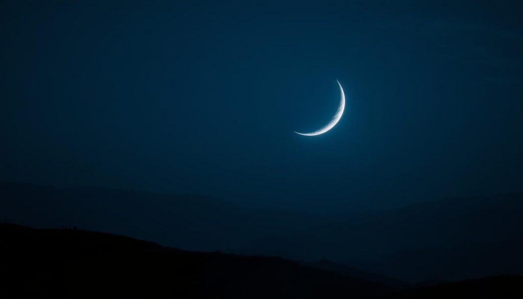 A tranquil, crescent-shaped new moon shining against a serene, midnight-blue sky. The moon's soft, ethereal glow illuminates a landscape of rolling hills and distant mountains, casting long shadows and creating an atmosphere of mysticism and introspection. The scene is bathed in a cool, ambient light, with subtle details like wispy clouds and twinkling stars adding depth and dimension. The overall mood is one of quiet contemplation, inviting the viewer to ponder the astrological significance of this new lunar phase and its influence on the day's horoscope.