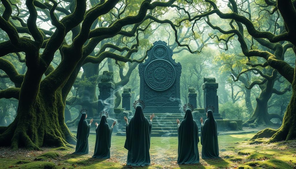 A verdant, ancient forest with gnarled, moss-covered trees, their branches intertwined, creating a canopy of dappled light. In the foreground, a group of figures in flowing robes and intricate headpieces stand in a ritual circle, their hands raised, chanting an incantation. Swirling mists and wisps of energy emanate from the center of the circle, illuminating the scene with an ethereal glow. In the background, a large, carved stone monument stands, its surface adorned with intricate Slavic symbols and patterns. The overall atmosphere is one of mysticism, spirituality, and a deep connection to the natural world, reflecting the Eastern Slavic and Druidic influences. A verdant, ancient forest with gnarled, moss-covered trees, their branches intertwined, creating a canopy of dappled light. In the foreground, a group of figures in flowing robes and intricate headpieces stand in a ritual circle, their hands raised, chanting an incantation. Swirling mists and wisps of energy emanate from the center of the circle, illuminating the scene with an ethereal glow. In the background, a large, carved stone monument stands, its surface adorned with intricate Slavic symbols and patterns. The overall atmosphere is one of mysticism, spirituality, and a deep connection to the natural world, reflecting the Eastern Slavic and Druidic influences.