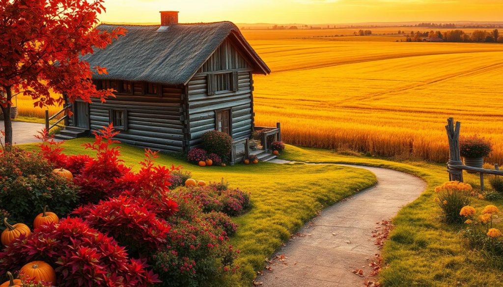 A vibrant autumn landscape, with a golden field of wheat stretching towards a horizon bathed in warm, golden light. In the foreground, a traditional Ukrainian farmhouse stands tall, its weathered wooden walls and thatched roof reflecting the rich, earthy tones of the season. Surrounding the house, a lush garden bursts with the vibrant colors of autumn - crimson-hued leaves, pumpkins, and vivid flowers. A winding path leads through the scene, inviting the viewer to step into this idyllic, rural setting and experience the peaceful, celebratory atmosphere of "Svyata Zhovtnya," the Ukrainian harvest festival. The overall mood is one of abundance, nostalgia, and a deep connection to the land and its traditions. A vibrant autumn landscape, with a golden field of wheat stretching towards a horizon bathed in warm, golden light. In the foreground, a traditional Ukrainian farmhouse stands tall, its weathered wooden walls and thatched roof reflecting the rich, earthy tones of the season. Surrounding the house, a lush garden bursts with the vibrant colors of autumn - crimson-hued leaves, pumpkins, and vivid flowers. A winding path leads through the scene, inviting the viewer to step into this idyllic, rural setting and experience the peaceful, celebratory atmosphere of "Svyata Zhovtnya," the Ukrainian harvest festival. The overall mood is one of abundance, nostalgia, and a deep connection to the land and its traditions.