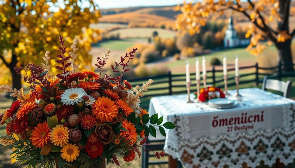 A warm autumn day with gentle sunlight filtering through colorful foliage. In the foreground, an elegantly arranged bouquet of seasonal flowers and leaves, including chrysanthemums, marigolds, and oak branches. The middle ground features a cozy, traditional wooden table set with a white lace tablecloth, ornamental candles, and a hand-written calligraphy greeting reading "Іменини 27 жовтня". In the background, a tranquil rural landscape with rolling hills, a small church steeple, and a clear blue sky. The overall mood is one of celebration, tradition, and quiet contemplation. A warm autumn day with gentle sunlight filtering through colorful foliage. In the foreground, an elegantly arranged bouquet of seasonal flowers and leaves, including chrysanthemums, marigolds, and oak branches. The middle ground features a cozy, traditional wooden table set with a white lace tablecloth, ornamental candles, and a hand-written calligraphy greeting reading "Іменини 27 жовтня". In the background, a tranquil rural landscape with rolling hills, a small church steeple, and a clear blue sky. The overall mood is one of celebration, tradition, and quiet contemplation.