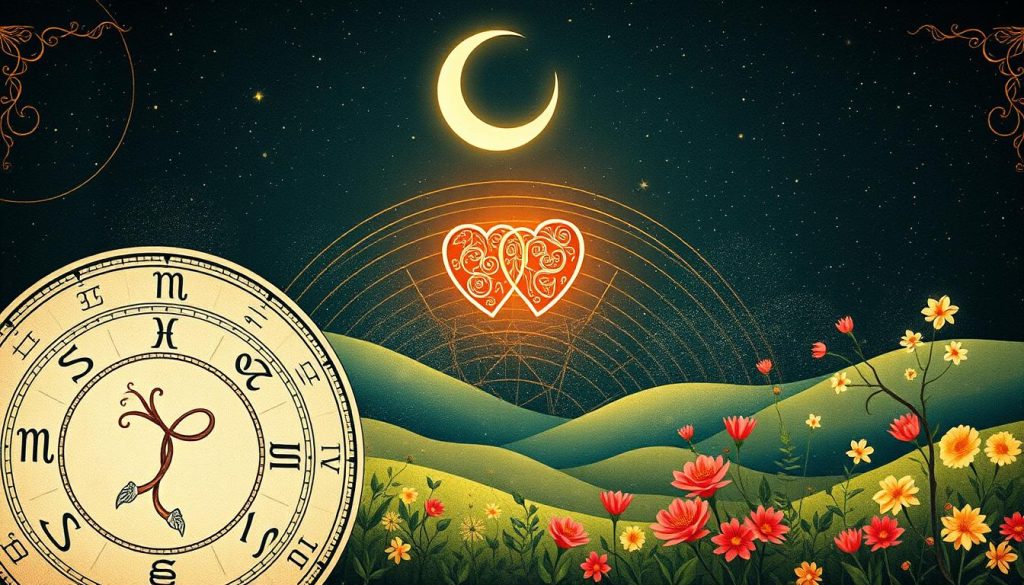 A whimsical astrological illustration showcasing the horoscope of love. In the foreground, a delicate hand-drawn zodiac wheel with intricate celestial symbols. At the center, two intertwined hearts glowing with a warm, ethereal light, symbolizing the harmony and passion of romantic connections. The middle ground features a lush, dreamlike landscape, with flourishing vines, blooming flowers, and a crescent moon overhead, casting a soft, romantic glow. In the background, a starry night sky with shimmering constellations, evoking a sense of cosmic mystery and destiny. The overall mood is one of whimsy, enchantment, and the mystical powers of love, as if captured through the lens of an antique camera. A whimsical astrological illustration showcasing the horoscope of love. In the foreground, a delicate hand-drawn zodiac wheel with intricate celestial symbols. At the center, two intertwined hearts glowing with a warm, ethereal light, symbolizing the harmony and passion of romantic connections. The middle ground features a lush, dreamlike landscape, with flourishing vines, blooming flowers, and a crescent moon overhead, casting a soft, romantic glow. In the background, a starry night sky with shimmering constellations, evoking a sense of cosmic mystery and destiny. The overall mood is one of whimsy, enchantment, and the mystical powers of love, as if captured through the lens of an antique camera.