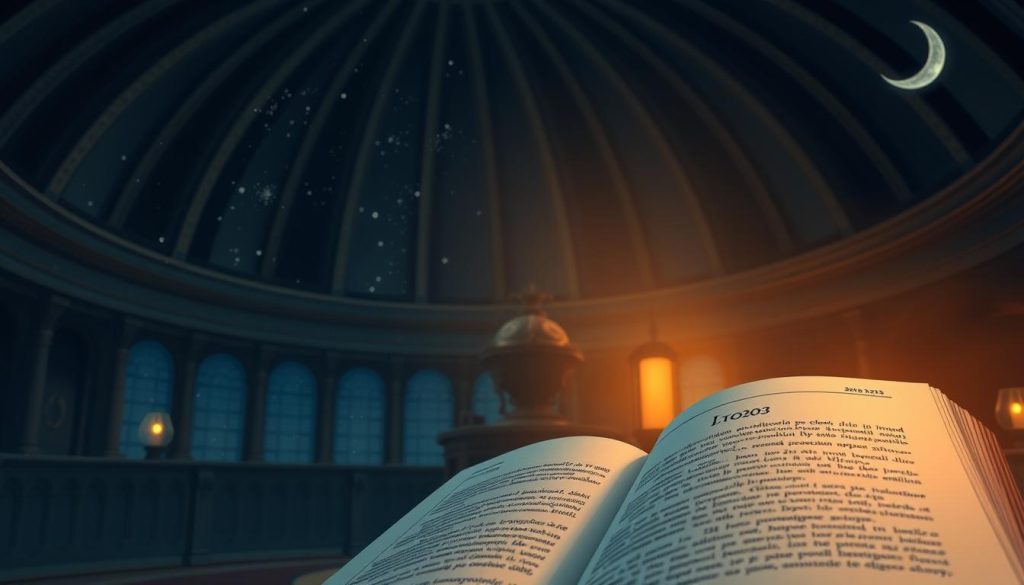 An astrology-themed illustration for the section "28,10,2025 какой сегодня день, праздник, кто родился, гороскоп" in the article "28.10.2025: Який сьогодні день, свято, хто народився, гороскоп.". A dimly lit astrological observatory at night, with a domed ceiling and ornate celestial instruments. In the foreground, an open book with Cyrillic text, symbolizing the horoscope. Soft, warm lighting illuminates the scene, creating a contemplative and mystical atmosphere. The background showcases the night sky with twinkling stars and a crescent moon, hinting at the cosmic influences on the day's events. The image should convey a sense of intrigue and wonder about the astrological predictions for October 28, 2025.