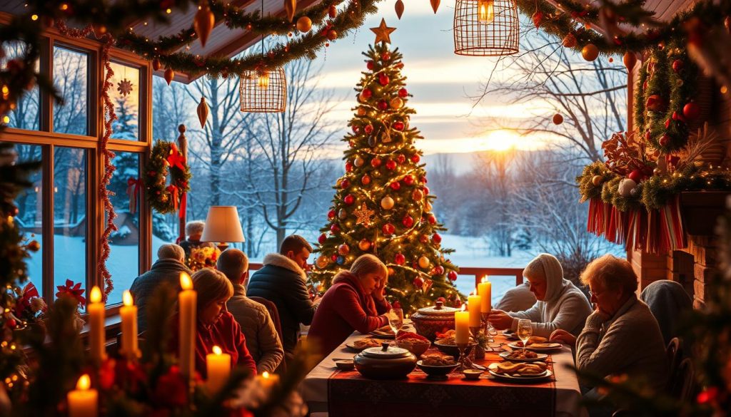 Праздники ноября: a vibrant festive scene depicting the celebrations and traditions of November holidays in Eastern Europe. In the foreground, colorful decorations and candles illuminate a cozy indoor setting, with people gathered around a table laden with traditional dishes. In the middle ground, a large Christmas tree stands tall, its branches adorned with ornaments and twinkling lights. The background reveals a snowy, winter landscape outside, with a crisp, golden glow from the setting sun casting a warm, inviting ambiance over the entire scene. Subtle hints of Ukrainian and Russian cultural elements are woven throughout, creating an authentic and immersive atmosphere. Праздники ноября: a vibrant festive scene depicting the celebrations and traditions of November holidays in Eastern Europe. In the foreground, colorful decorations and candles illuminate a cozy indoor setting, with people gathered around a table laden with traditional dishes. In the middle ground, a large Christmas tree stands tall, its branches adorned with ornaments and twinkling lights. The background reveals a snowy, winter landscape outside, with a crisp, golden glow from the setting sun casting a warm, inviting ambiance over the entire scene. Subtle hints of Ukrainian and Russian cultural elements are woven throughout, creating an authentic and immersive atmosphere.