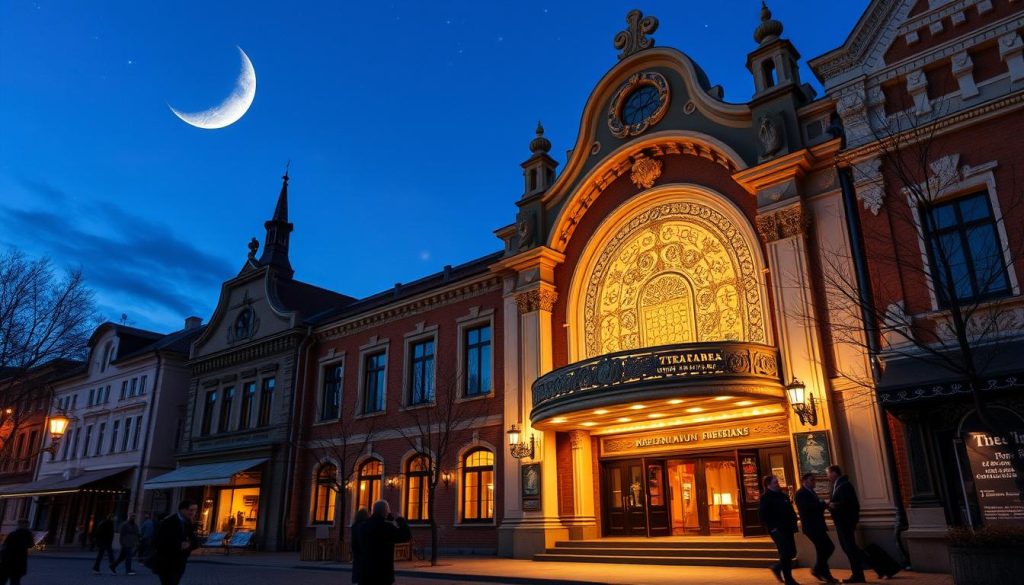 Prompt A cozy November evening at a charming theater in a historic Ukrainian town. The ornate facade is bathed in warm light, inviting passersby to step inside and experience the magic of the stage. Towering columns and ornate decorations create a sense of grandeur, while the surrounding buildings in traditional architectural styles add to the timeless ambiance. The sky is a deep, velvety blue, with a crescent moon and twinkling stars above, evoking a peaceful, serene atmosphere. The scene captures the rich cultural heritage and enduring traditions of this vibrant community, setting the stage for a day filled with celebration and harmony. Prompt A cozy November evening at a charming theater in a historic Ukrainian town. The ornate facade is bathed in warm light, inviting passersby to step inside and experience the magic of the stage. Towering columns and ornate decorations create a sense of grandeur, while the surrounding buildings in traditional architectural styles add to the timeless ambiance. The sky is a deep, velvety blue, with a crescent moon and twinkling stars above, evoking a peaceful, serene atmosphere. The scene captures the rich cultural heritage and enduring traditions of this vibrant community, setting the stage for a day filled with celebration and harmony.