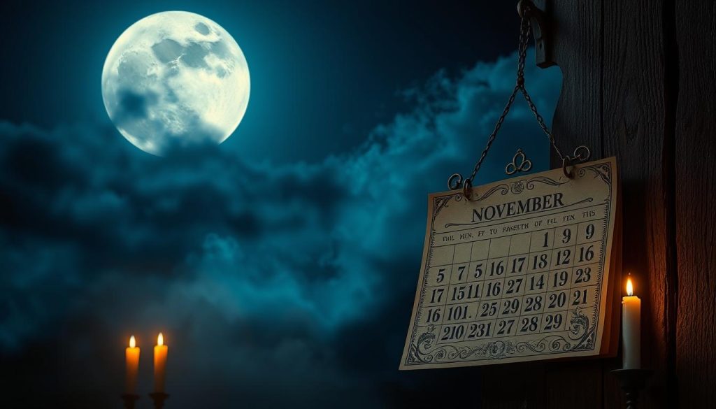 Striking moonlit calendar for November, rendered with a dramatic, mystical atmosphere. A large, full moon dominates the night sky, casting a ethereal glow over the scene. In the foreground, an ornate, antique-style calendar hangs on a weathered wooden wall, its pages fluttering gently. The calendar's design features elegant calligraphy and intricate botanical motifs, evoking a sense of timelessness. Astrological symbols and phases of the moon are prominently displayed. The background is hazy and atmospheric, with wispy clouds drifting across the indigo heavens. Warm candlelight emanates from an unseen source, adding a cozy, intimate feel. The overall composition suggests the cyclical, mystical nature of the lunar calendar.