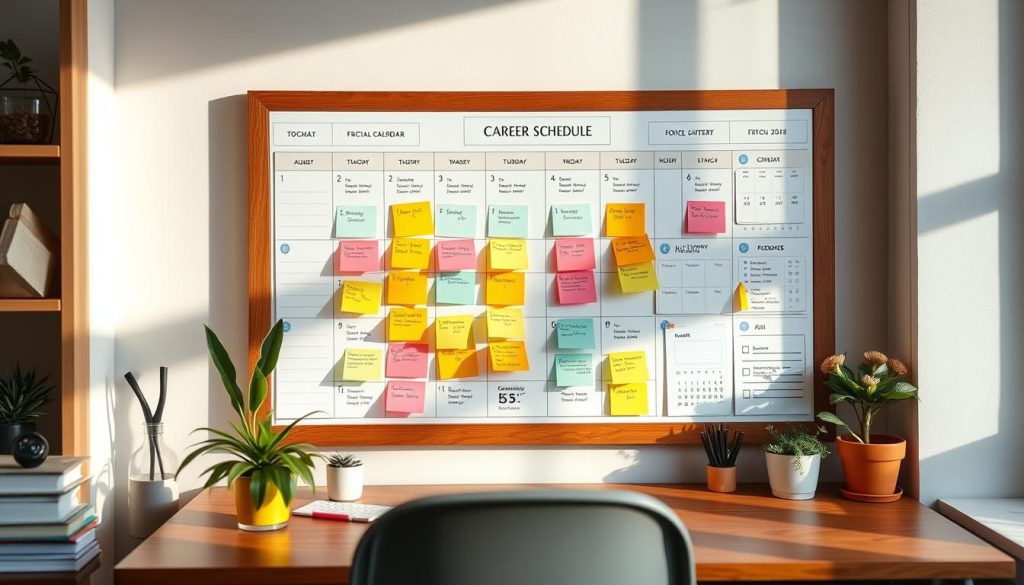 A beautifully designed career schedule board, meticulously arranged with colorful sticky notes, digital calendars, and neatly organized task lists. The layout is clean and visually appealing, with a warm, inviting atmosphere. Soft natural lighting illuminates the scene, casting gentle shadows and highlighting the intricate details. The board is positioned in a cozy, home-office setting, with a wooden desk, potted plants, and a sense of thoughtful organization. The overall mood is one of productivity, focus, and a clear path towards personal and professional growth.