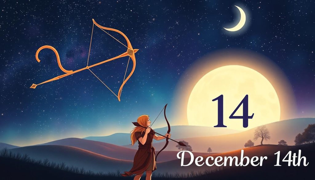 A beautifully illustrated horoscope for the Sagittarius zodiac sign on December 14th. In the foreground, a vibrant image of the Sagittarius constellation against a starry night sky, with the archer's bow and arrow prominent. In the middle ground, a detailed illustration of a Sagittarius figure, clad in warm, earthy tones and gazing contemplatively. In the background, a softly lit, mystical landscape with rolling hills, trees, and a crescent moon casting a gentle glow. The overall composition conveys a sense of introspection, intuition, and connection to the natural world, capturing the essence of the Sagittarius horoscope on this specific date.