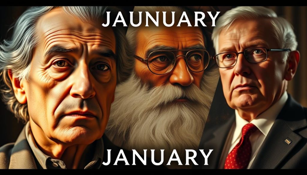 A captivating collage of renowned individuals born in January, illuminated by warm, natural lighting. In the foreground, a portrait of a pensive intellectual, their gaze conveying deep thought. In the middle ground, a celebrated artist, their brush strokes capturing the essence of creativity. In the background, a revered politician, their determined expression reflecting the weight of leadership. The scene is bathed in a soft, golden glow, evoking a sense of timelessness and the enduring legacy of these remarkable figures.