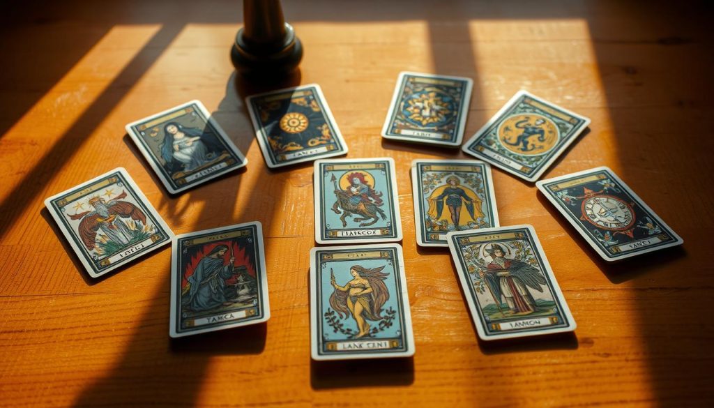 A carefully curated selection of traditional Tarot cards, meticulously arranged on a wooden table. The cards, with their intricate designs and vibrant hues, cast long shadows across the surface, creating a sense of depth and mystery. Warm, soft lighting from above bathes the scene in a cozy, contemplative atmosphere, inviting the viewer to explore the rich symbolism and divination potential of this time-honored practice. The composition is balanced, with the cards positioned to guide the eye through the image, hinting at the profound insights and guidance they hold for the budding Tarot enthusiast. A carefully curated selection of traditional Tarot cards, meticulously arranged on a wooden table. The cards, with their intricate designs and vibrant hues, cast long shadows across the surface, creating a sense of depth and mystery. Warm, soft lighting from above bathes the scene in a cozy, contemplative atmosphere, inviting the viewer to explore the rich symbolism and divination potential of this time-honored practice. The composition is balanced, with the cards positioned to guide the eye through the image, hinting at the profound insights and guidance they hold for the budding Tarot enthusiast.