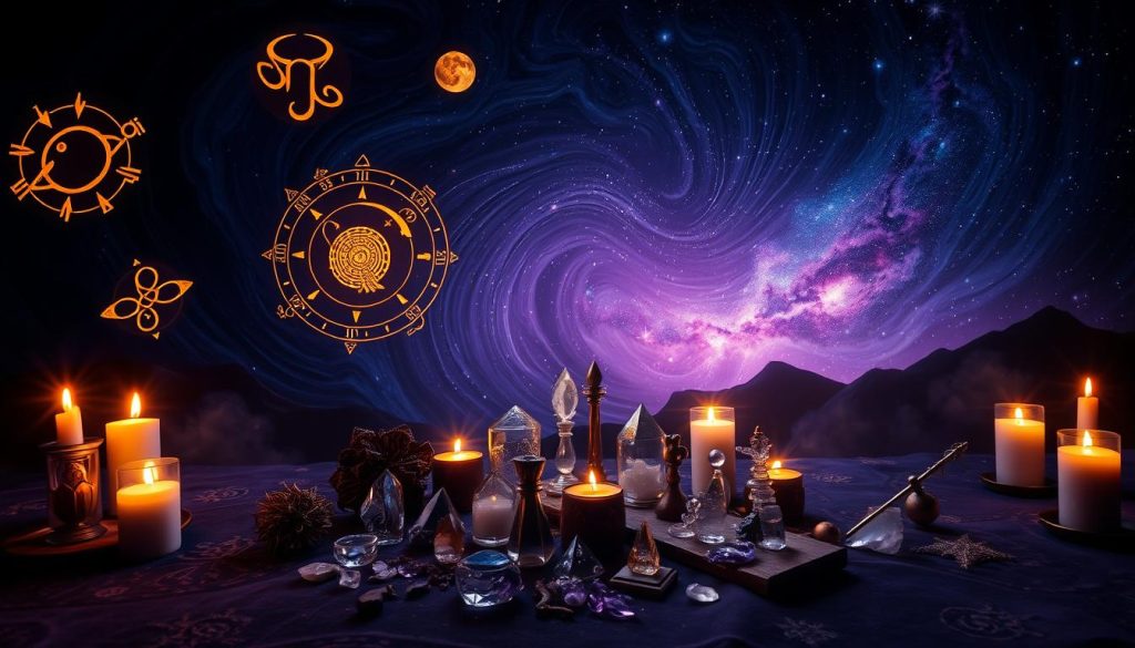A celestial astrology portrait of December 2025, captured with a wide-angle lens in a mystical, candlelit atmosphere. In the foreground, glowing astrological symbols and zodiac signs float against a swirling, ethereal backdrop of deep indigo and violet hues. Celestial bodies and planetary alignments are depicted with intricate, gilded detailing, casting a warm, otherworldly glow. The middle ground features a stunning array of crystals, gemstones and ancient mystical artifacts, arranged in a symmetrical, ritualistic manner. In the background, a starry night sky fills the frame, with wisps of cosmic energy and nebulae visible on the horizon. The overall composition conveys a sense of esoteric wonder, inviting the viewer to ponder the ancient mysteries of the heavens. A celestial astrology portrait of December 2025, captured with a wide-angle lens in a mystical, candlelit atmosphere. In the foreground, glowing astrological symbols and zodiac signs float against a swirling, ethereal backdrop of deep indigo and violet hues. Celestial bodies and planetary alignments are depicted with intricate, gilded detailing, casting a warm, otherworldly glow. The middle ground features a stunning array of crystals, gemstones and ancient mystical artifacts, arranged in a symmetrical, ritualistic manner. In the background, a starry night sky fills the frame, with wisps of cosmic energy and nebulae visible on the horizon. The overall composition conveys a sense of esoteric wonder, inviting the viewer to ponder the ancient mysteries of the heavens.
