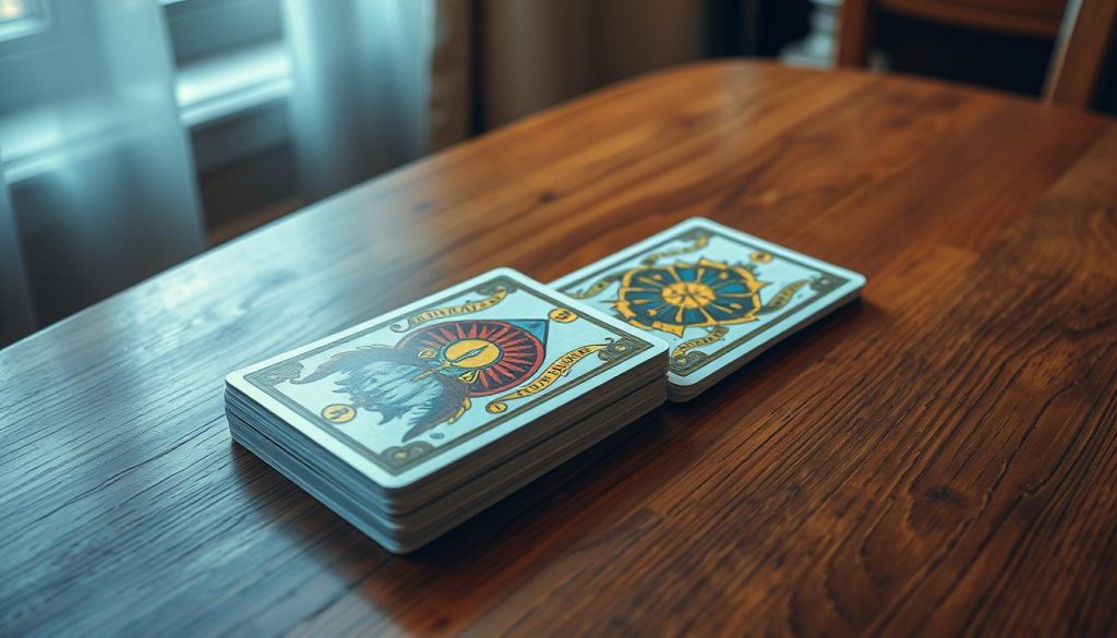 A classic Tarot deck, the колода, rests atop a polished oak table. Soft, warm light filters through a nearby window, casting a gentle glow on the intricate card illustrations. The deck is neatly arranged, its corners sharp and edges crisp, suggesting a well-cared-for and revered tool of divination. Intricate symbols, ancient archetypes, and vibrant hues adorn the cards, hinting at the depth of wisdom and insight they hold. The scene exudes a sense of mystery, potential, and the promise of unlocking the secrets of the future.