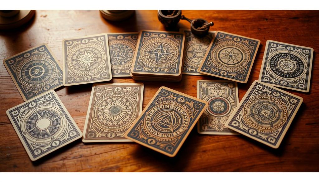 A collection of ornate oracle cards lies artfully arranged on a warm, wooden table. The cards feature intricate illustrations of celestial symbols, nature motifs, and ancient mystical designs. Soft, diffused lighting illuminates the cards, casting gentle shadows and highlighting their textured surfaces. The overall scene conveys a sense of reverence, contemplation, and a connection to the esoteric wisdom contained within the oracle deck. The viewer is invited to explore the cards, considering their meanings and how they might provide guidance or insight. A collection of ornate oracle cards lies artfully arranged on a warm, wooden table. The cards feature intricate illustrations of celestial symbols, nature motifs, and ancient mystical designs. Soft, diffused lighting illuminates the cards, casting gentle shadows and highlighting their textured surfaces. The overall scene conveys a sense of reverence, contemplation, and a connection to the esoteric wisdom contained within the oracle deck. The viewer is invited to explore the cards, considering their meanings and how they might provide guidance or insight.
