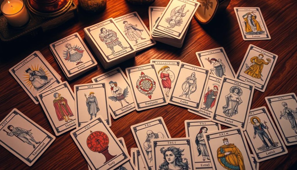 A collection of Tarot card decks arranged on a wooden table, illuminated by soft, warm lighting. The cards feature intricate, hand-drawn illustrations depicting the major and minor arcana of the Tarot, ranging from classic Rider-Waite-Smith designs to more contemporary, indie-style decks. The cards are scattered across the table, some open, others fanned out, creating a visually captivating and mystical composition. The overall mood is one of exploration, discovery, and the promise of insight into the realms of divination and self-reflection. A collection of Tarot card decks arranged on a wooden table, illuminated by soft, warm lighting. The cards feature intricate, hand-drawn illustrations depicting the major and minor arcana of the Tarot, ranging from classic Rider-Waite-Smith designs to more contemporary, indie-style decks. The cards are scattered across the table, some open, others fanned out, creating a visually captivating and mystical composition. The overall mood is one of exploration, discovery, and the promise of insight into the realms of divination and self-reflection.