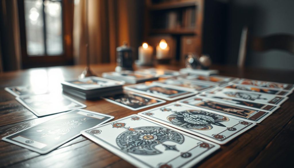 A collection of tarot cards laid out on a wooden table, with a warm, inviting glow from a nearby window. The cards feature intricate designs and symbols, representing the rich mystical tradition of tarot. The foreground showcases a selection of the major arcana cards, their imagery captivating and enigmatic. In the middle ground, a few minor arcana cards are arranged, hinting at the depth and breadth of the tarot deck. The background is softly blurred, creating a sense of focus and depth, allowing the viewer to immerse themselves in the mystical atmosphere. The lighting is natural and diffused, casting a gentle, contemplative mood over the scene. A collection of tarot cards laid out on a wooden table, with a warm, inviting glow from a nearby window. The cards feature intricate designs and symbols, representing the rich mystical tradition of tarot. The foreground showcases a selection of the major arcana cards, their imagery captivating and enigmatic. In the middle ground, a few minor arcana cards are arranged, hinting at the depth and breadth of the tarot deck. The background is softly blurred, creating a sense of focus and depth, allowing the viewer to immerse themselves in the mystical atmosphere. The lighting is natural and diffused, casting a gentle, contemplative mood over the scene.