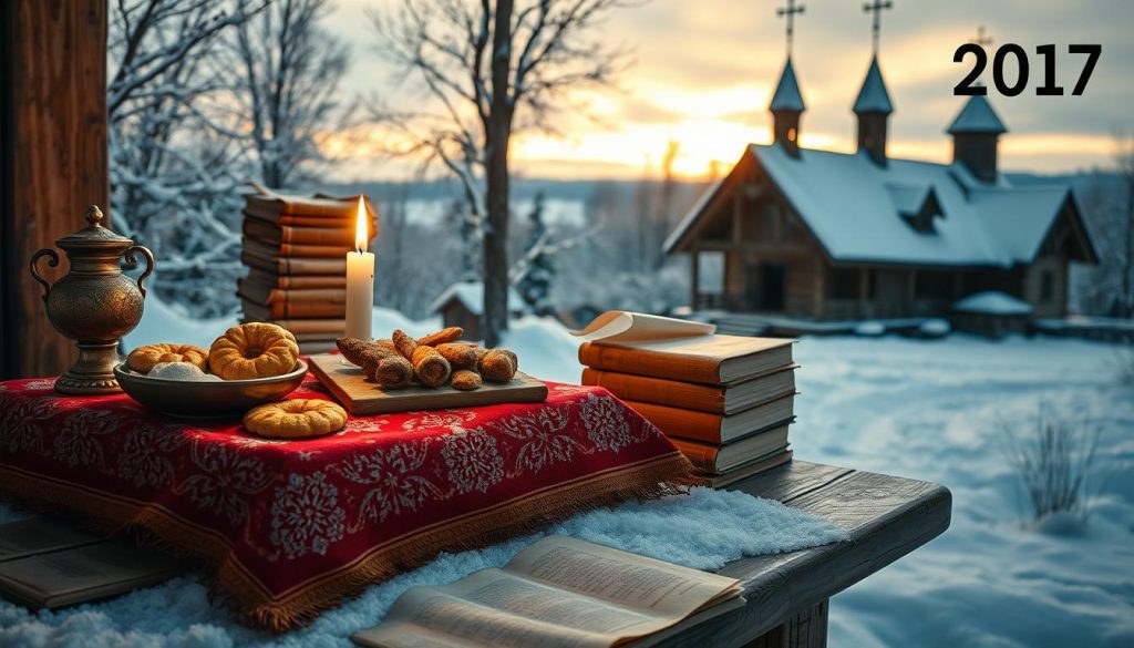 A cozy and festive winter scene depicting a traditional Ukrainian calendar for January 7th. In the foreground, a vibrant red-and-gold embroidered cloth covers a rustic wooden table, upon which sits a lit candle and an assortment of traditional Ukrainian treats. In the middle ground, a stack of ancient-looking books and parchments suggest the historical significance of the date. The background is filled with a snowy, picturesque Ukrainian landscape, with a quaint wooden cottage and Orthodox church in the distance, all bathed in the warm glow of a setting winter sun. The overall mood is one of reverence, nostalgia, and the celebration of cultural heritage. A cozy and festive winter scene depicting a traditional Ukrainian calendar for January 7th. In the foreground, a vibrant red-and-gold embroidered cloth covers a rustic wooden table, upon which sits a lit candle and an assortment of traditional Ukrainian treats. In the middle ground, a stack of ancient-looking books and parchments suggest the historical significance of the date. The background is filled with a snowy, picturesque Ukrainian landscape, with a quaint wooden cottage and Orthodox church in the distance, all bathed in the warm glow of a setting winter sun. The overall mood is one of reverence, nostalgia, and the celebration of cultural heritage.