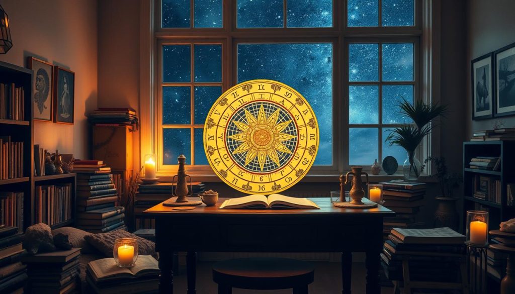 A cozy astrological study with a glowing celestial theme. In the foreground, a detailed zodiac wheel diagram hovers above a wooden desk, casting a soft, warm glow. Surrounding it, scattered astrology books, crystals, and candles create an inviting, mystical ambiance. In the middle ground, a large window reveals a starry night sky, hinting at the cosmic forces guiding the recommendations. The lighting is subtle, with a focus on gentle, indirect illumination that enhances the contemplative mood. The composition is balanced, drawing the viewer's eye to the central zodiac motif. An atmosphere of wisdom and introspection pervades the scene, setting the stage for thoughtful astrological guidance. A cozy astrological study with a glowing celestial theme. In the foreground, a detailed zodiac wheel diagram hovers above a wooden desk, casting a soft, warm glow. Surrounding it, scattered astrology books, crystals, and candles create an inviting, mystical ambiance. In the middle ground, a large window reveals a starry night sky, hinting at the cosmic forces guiding the recommendations. The lighting is subtle, with a focus on gentle, indirect illumination that enhances the contemplative mood. The composition is balanced, drawing the viewer's eye to the central zodiac motif. An atmosphere of wisdom and introspection pervades the scene, setting the stage for thoughtful astrological guidance.