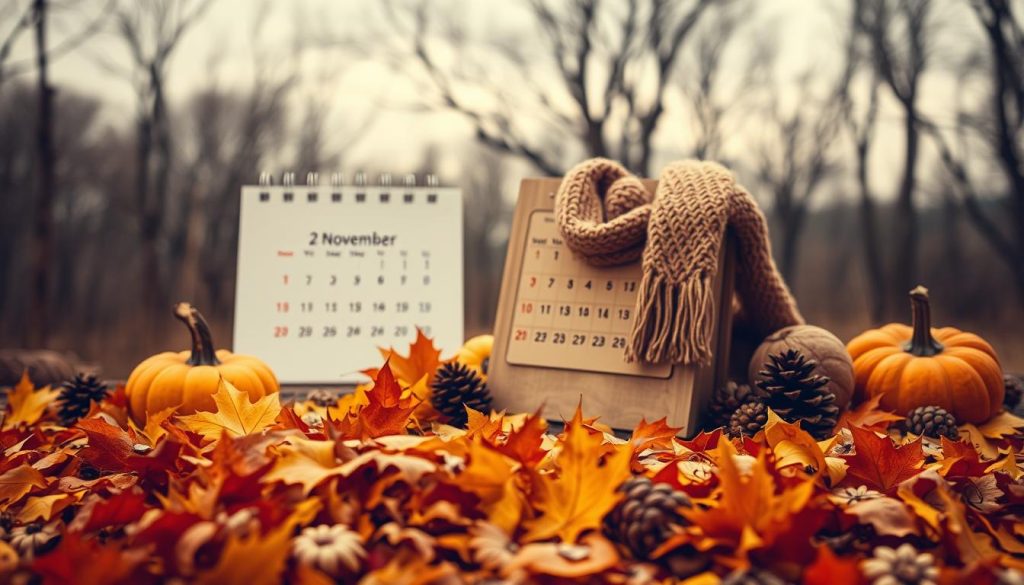 A cozy, autumn scene depicting the calendar features of November. In the foreground, a pile of fallen leaves in warm hues of orange, red, and yellow, gently swirling in a light breeze. In the middle ground, a wooden calendar stands upright, its pages displaying the date "23 November 2025". Surrounding the calendar, an arrangement of seasonal items such as pumpkins, pinecones, and a warm knitted scarf. In the background, a blurred landscape of bare trees against a moody, overcast sky, creating a contemplative, nostalgic atmosphere. Soft, diffused lighting casts a golden glow over the entire scene, emphasizing the transitional nature of this time of year. A cozy, autumn scene depicting the calendar features of November. In the foreground, a pile of fallen leaves in warm hues of orange, red, and yellow, gently swirling in a light breeze. In the middle ground, a wooden calendar stands upright, its pages displaying the date "23 November 2025". Surrounding the calendar, an arrangement of seasonal items such as pumpkins, pinecones, and a warm knitted scarf. In the background, a blurred landscape of bare trees against a moody, overcast sky, creating a contemplative, nostalgic atmosphere. Soft, diffused lighting casts a golden glow over the entire scene, emphasizing the transitional nature of this time of year.