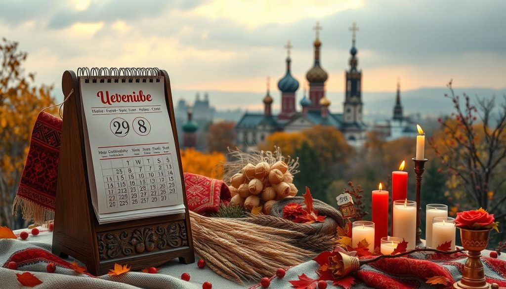 A cozy autumn scene filled with the warmth and vibrancy of November's calendar events. In the foreground, an ornate wooden calendar stands, its pages flipping gently in the breeze, showcasing the dates and holidays of the 28th. Surrounding it, a display of traditional Ukrainian decorations, including vibrant red and gold embroidered patterns, woven tapestries, and a collection of lit candles casting a soft, inviting glow. In the middle ground, a tableau of seasonal elements - bunches of dried wheat, colorful fall foliage, and the silhouettes of Orthodox church domes in the distance. The background is a hazy, golden-hour landscape, with a hint of a cloudy sky above. The overall mood is one of reverence, celebration, and the cozy traditions that mark the advent of winter. A cozy autumn scene filled with the warmth and vibrancy of November's calendar events. In the foreground, an ornate wooden calendar stands, its pages flipping gently in the breeze, showcasing the dates and holidays of the 28th. Surrounding it, a display of traditional Ukrainian decorations, including vibrant red and gold embroidered patterns, woven tapestries, and a collection of lit candles casting a soft, inviting glow. In the middle ground, a tableau of seasonal elements - bunches of dried wheat, colorful fall foliage, and the silhouettes of Orthodox church domes in the distance. The background is a hazy, golden-hour landscape, with a hint of a cloudy sky above. The overall mood is one of reverence, celebration, and the cozy traditions that mark the advent of winter.