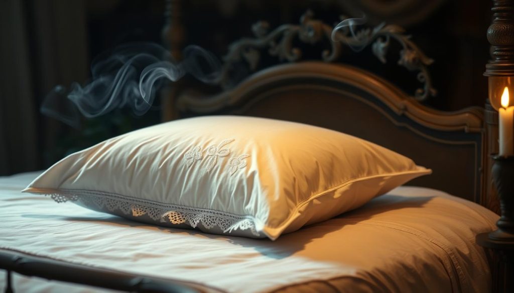 A cozy bedroom scene at night, the focus on a plump, white pillow resting on a vintage, wooden bed frame. Soft, warm lighting casts a gentle glow, hinting at the mysteries that may lie beneath the surface. Delicate lace trims the pillowcase, adding a touch of feminine elegance. Surrounding the bed, wispy tendrils of smoke curl upwards, as if from a recently extinguished candle. The overall atmosphere is one of tranquility and anticipation, inviting the viewer to imagine the dreams and premonitions that may unfold "under the pillow". A cozy bedroom scene at night, the focus on a plump, white pillow resting on a vintage, wooden bed frame. Soft, warm lighting casts a gentle glow, hinting at the mysteries that may lie beneath the surface. Delicate lace trims the pillowcase, adding a touch of feminine elegance. Surrounding the bed, wispy tendrils of smoke curl upwards, as if from a recently extinguished candle. The overall atmosphere is one of tranquility and anticipation, inviting the viewer to imagine the dreams and premonitions that may unfold "under the pillow".