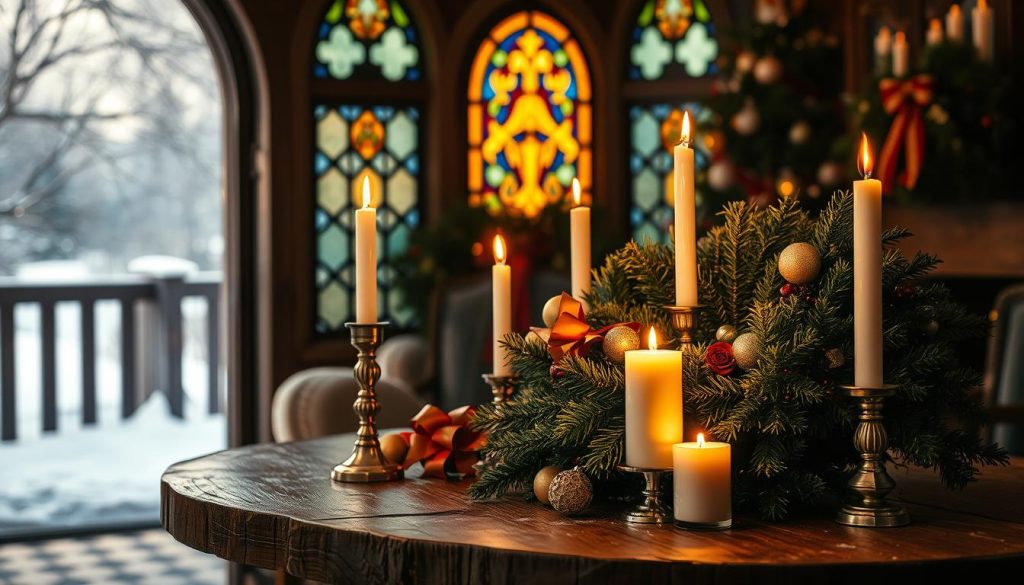 A cozy, candlelit interior scene showcasing the religious and cultural traditions of December holidays. The foreground features a rustic wooden table adorned with a lush evergreen wreath, lit tapers, and ornate decorations like gilded balls and ribbons. In the middle ground, a stained-glass window casts a warm, multicolored glow onto the scene, while the background reveals a snowy landscape outside, hinting at the winter season. The lighting is soft and atmospheric, creating a serene, reverent mood. The composition emphasizes the sacred and celebratory nature of the subject, inviting the viewer to experience the spirit of the holidays.
