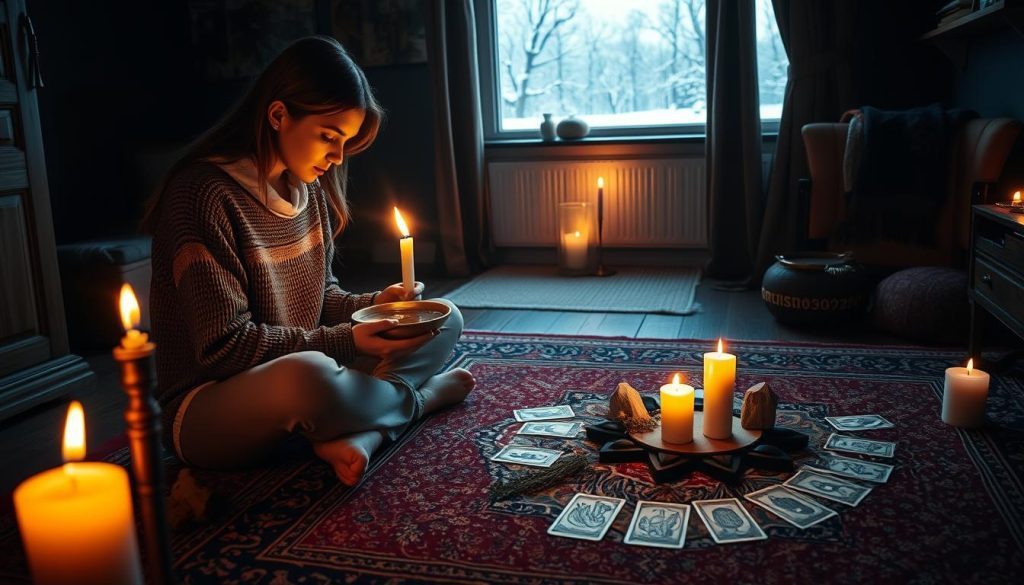 A cozy, candlelit scene depicting the traditional Ukrainian practice of "ворожіння" (divination) on Christmas Eve. In the foreground, a young woman sits cross-legged on the floor, gazing intently into a bowl of water, her face illuminated by the soft glow of a single candle. The middle ground features an arrangement of symbolic objects - herbs, crystals, and tarot cards - scattered across a richly patterned rug. In the background, the room is draped in shadows, with hints of a winter landscape visible through a frosty window. The atmosphere is one of quiet contemplation, as the woman seeks to divine the future through ancient rituals. A cozy, candlelit scene depicting the traditional Ukrainian practice of "ворожіння" (divination) on Christmas Eve. In the foreground, a young woman sits cross-legged on the floor, gazing intently into a bowl of water, her face illuminated by the soft glow of a single candle. The middle ground features an arrangement of symbolic objects - herbs, crystals, and tarot cards - scattered across a richly patterned rug. In the background, the room is draped in shadows, with hints of a winter landscape visible through a frosty window. The atmosphere is one of quiet contemplation, as the woman seeks to divine the future through ancient rituals.